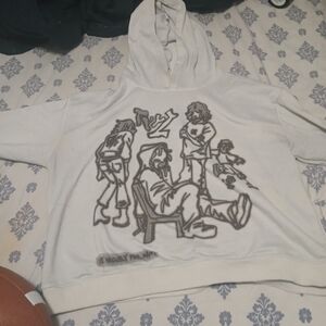 White ( We Vaguely Feel Many )Graphic Hoodie with Black Cartoon Illustration